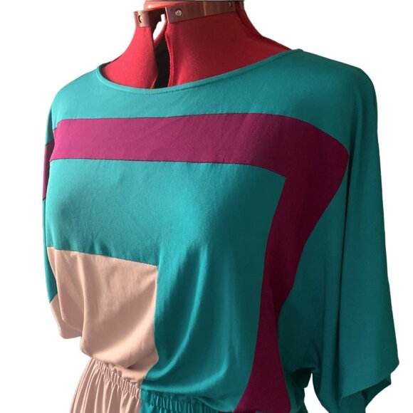 SURI CHIN  | Colorblock Dolman Sleeve Dress |  Teal, grey burgundy | Size 8 - Picture 13 of 15
